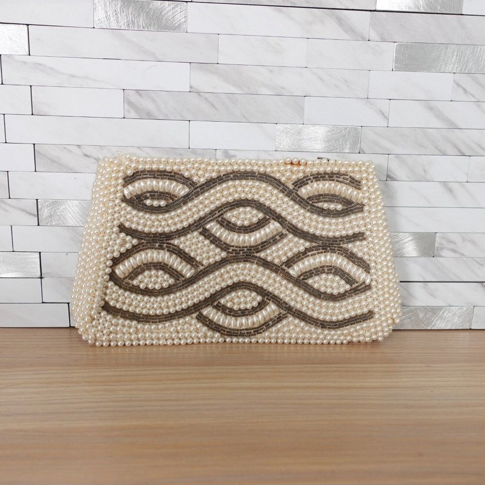 VINTAGE Boho Pearl Beaded Evening Clutch Bag Cream Art Deco Empress 70s Handmade